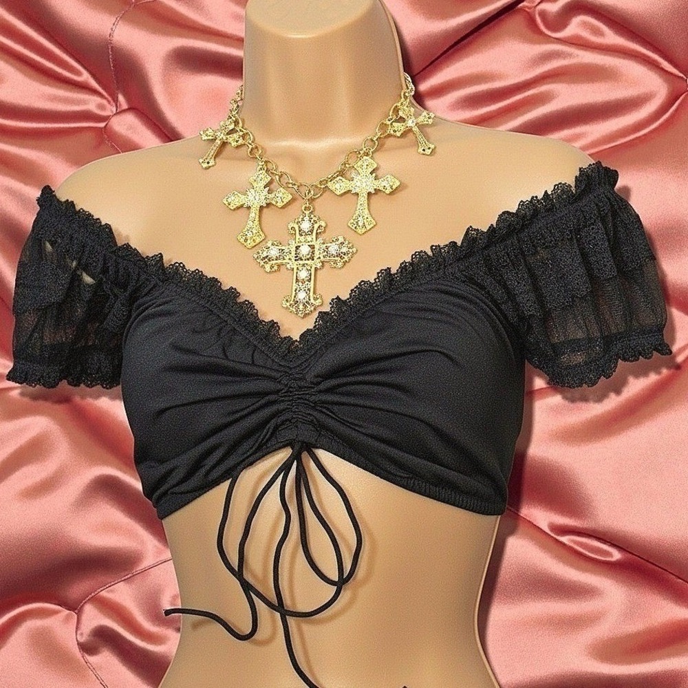 New Black Small Ruched Off Shoulder Lace Trim Crop Top Dirndl Blouse Oktoberfest